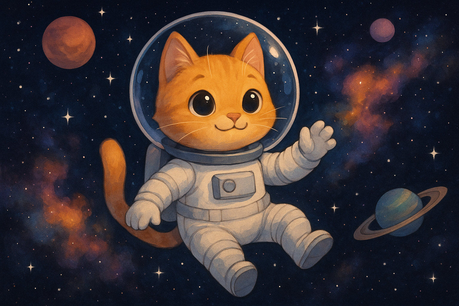 A cat in a spacesuit floating in outer space